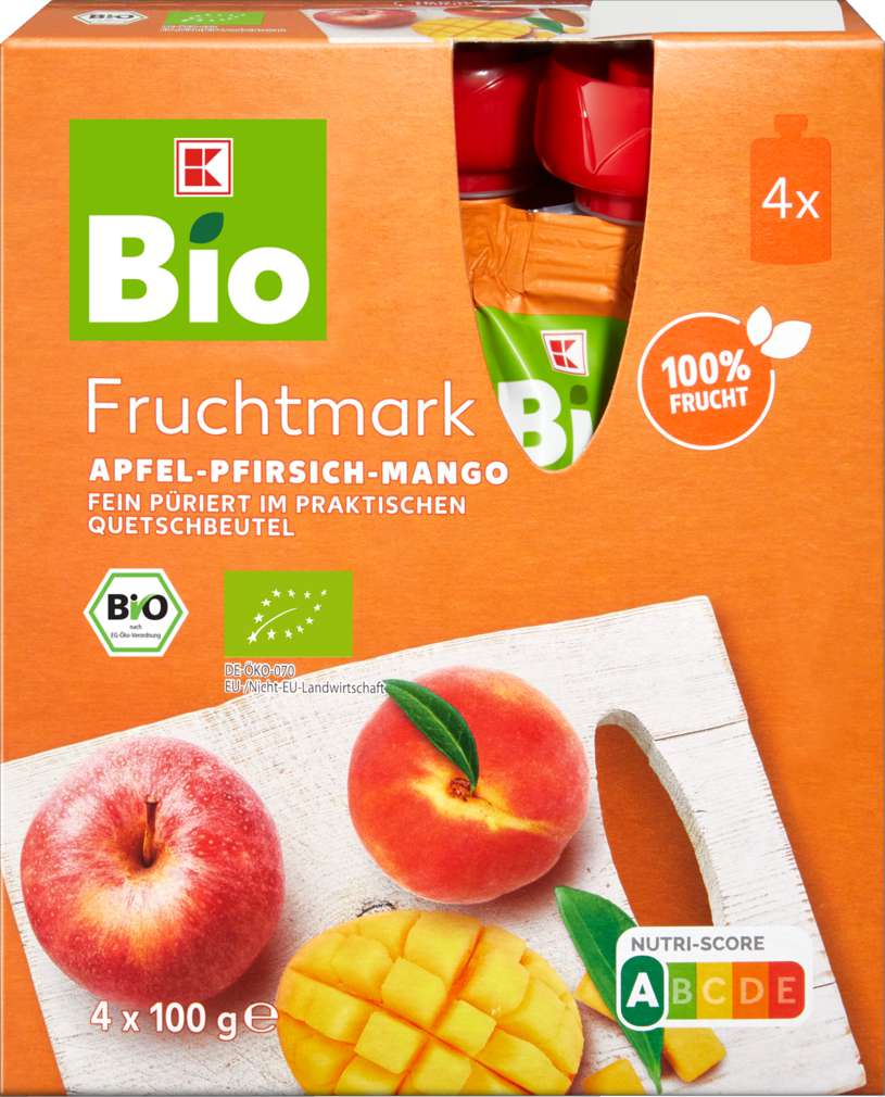 Abbildung des Sortimentsartikels K-Bio Fruchtmus Apfel-Pfirsich-Mango 4x100g