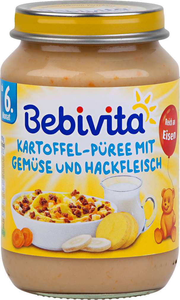 Abbildung des Sortimentsartikels Bebivita Menü Kartoffelpüree/Gemüse/Hackfleisch ab dem 6. Monat 190g