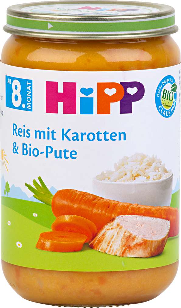 Abbildung des Sortimentsartikels Hipp Reis mit Karotten und Bio-Pute 220g