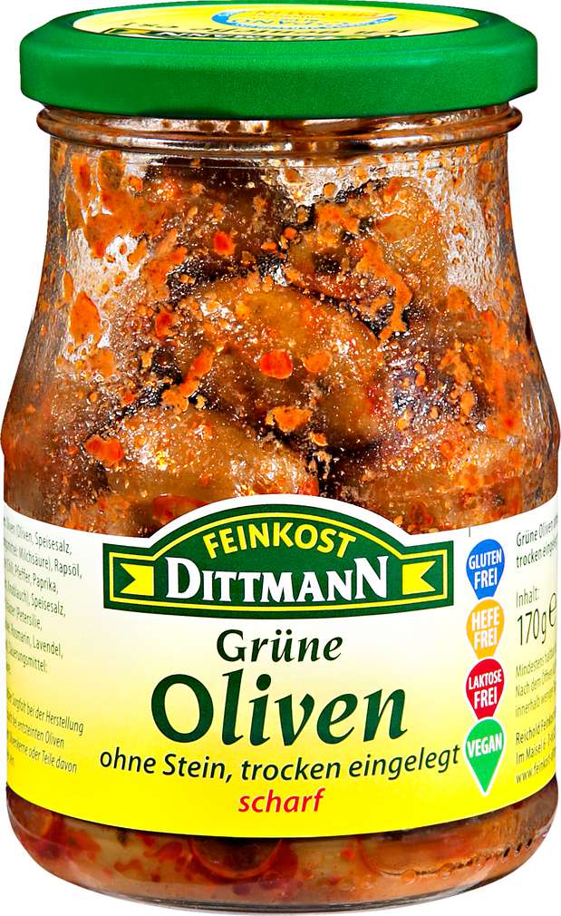 Abbildung des Sortimentsartikels Dittmann Grüne Oliven, ohne Stein, trocken eingelegt, scharf 170g
