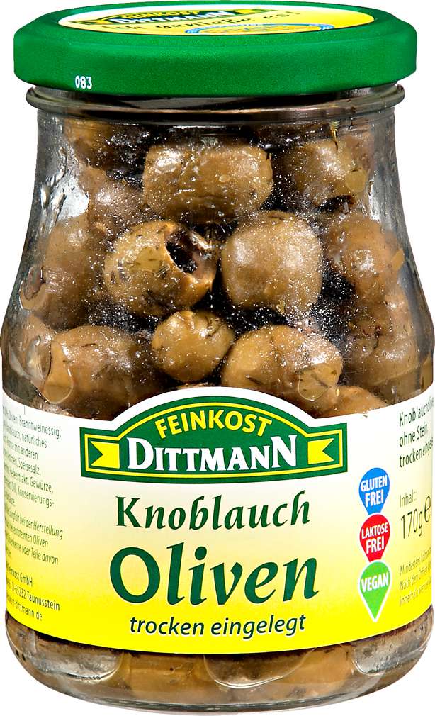 Abbildung des Sortimentsartikels Dittmann Knoblauch Oliven trocken eingelegt 170g