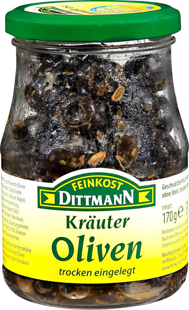 Abbildung des Sortimentsartikels Dittmann Kräuteroliven geschwärzt ohne Stein 170g