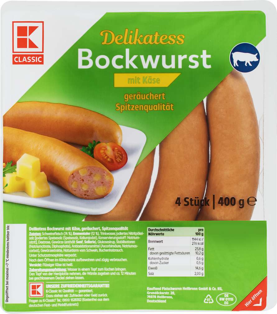 Abbildung des Sortimentsartikels K-Classic Delikatess Käsebockwurst 400g