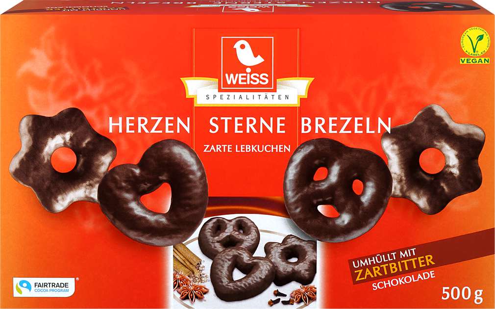 Abbildung des Sortimentsartikels Weiss Zarte Lebkuchen umhüllt mit Zartbitterschokolade 500g