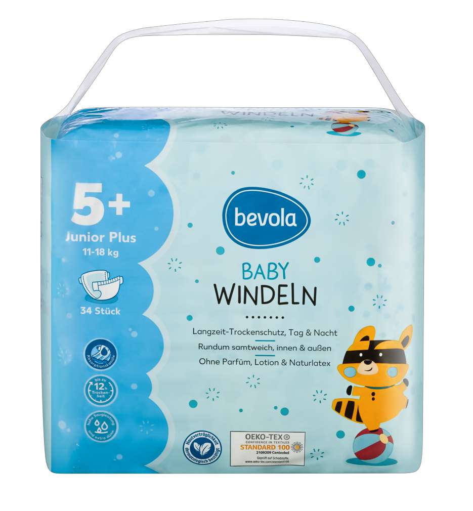 Abbildung des Sortimentsartikels Bevola Babywindel Junior Plus Gr. 5+ 34 Stück