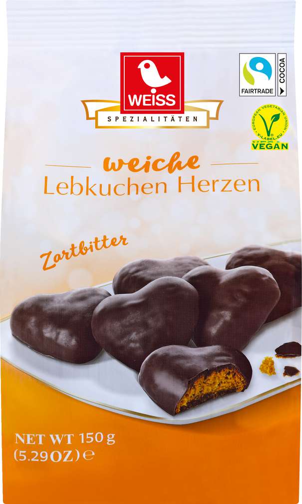 Abbildung des Sortimentsartikels Weiss Lebkuchen Herzen mit Zartbitterschokolade 150g