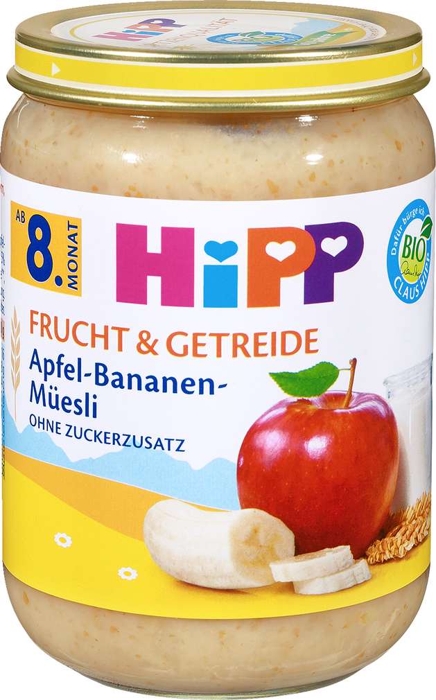 Abbildung des Sortimentsartikels Hipp Bio Frucht & Getreide Apfel/Banane-Müsli ab dem 8.Monat 190g