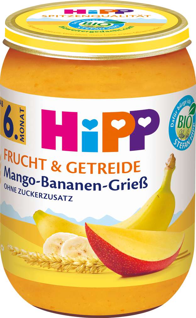Abbildung des Sortimentsartikels Hipp Frucht+Getreide Mango/Banane/Grieß ab 6. Monat 190g