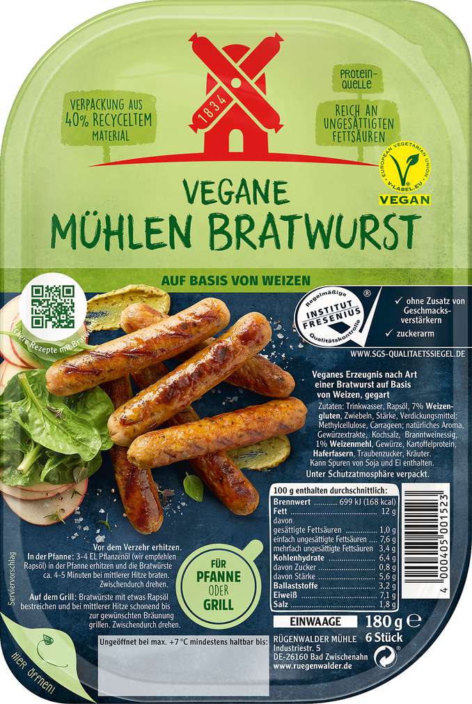 Abbildung des Sortimentsartikels Rügenwalder Mühle Bratwurst vegan 180g