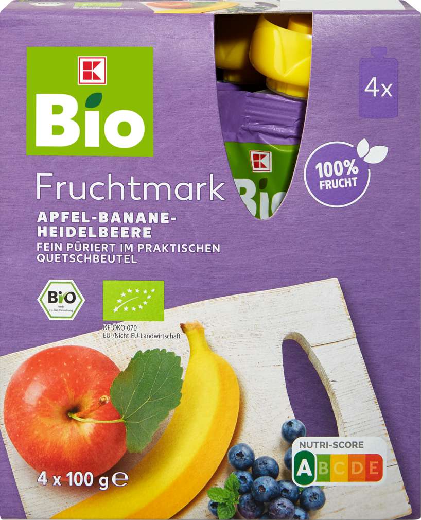 Abbildung des Sortimentsartikels K-Bio Fruchtmus Apfel-Banane-Heidelbeere 4x100g