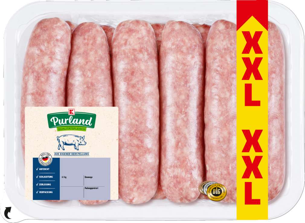Abbildung des Sortimentsartikels K-Purland XXL-Grobe Bratwurst, roh, zum Braten/Grillen 12 Stück 1200g