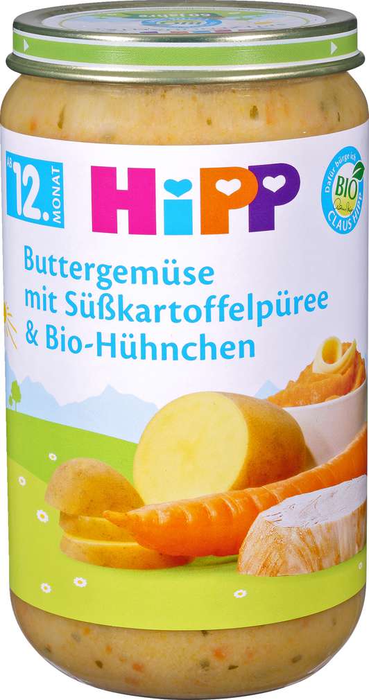 Abbildung des Sortimentsartikels Hipp Buttergemüse mit Süßkartoffelpüree und Bio-Hühnchen 250g
