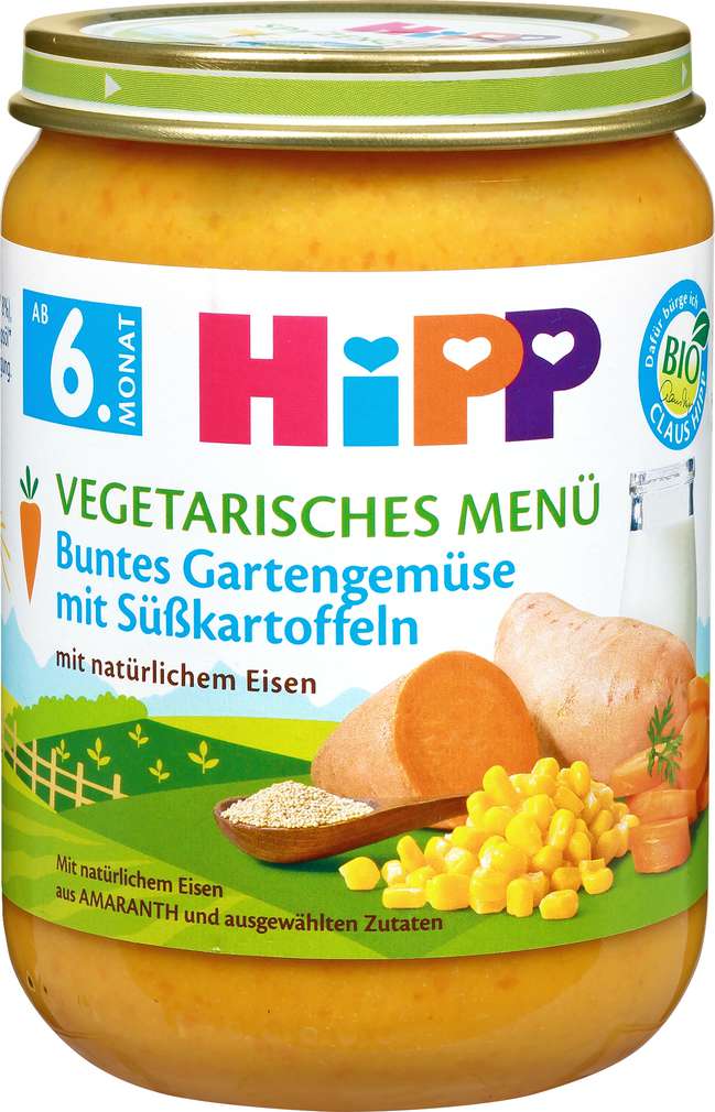 Abbildung des Sortimentsartikels Hipp Vegetarisches Menü Gartengemüse mit Süßkartoffeln 190g