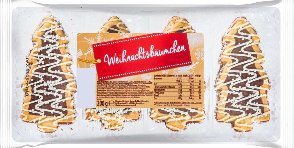 Abbildung des Sortimentsartikels Nora Weihnachtsbaum Kekse mit Kakaocreme 200g