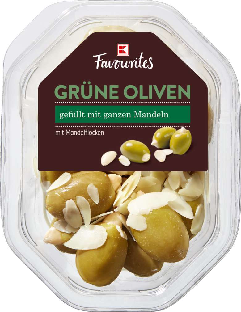 Abbildung des Sortimentsartikels K-Favourites grüne Oliven mit Mandeln 165g