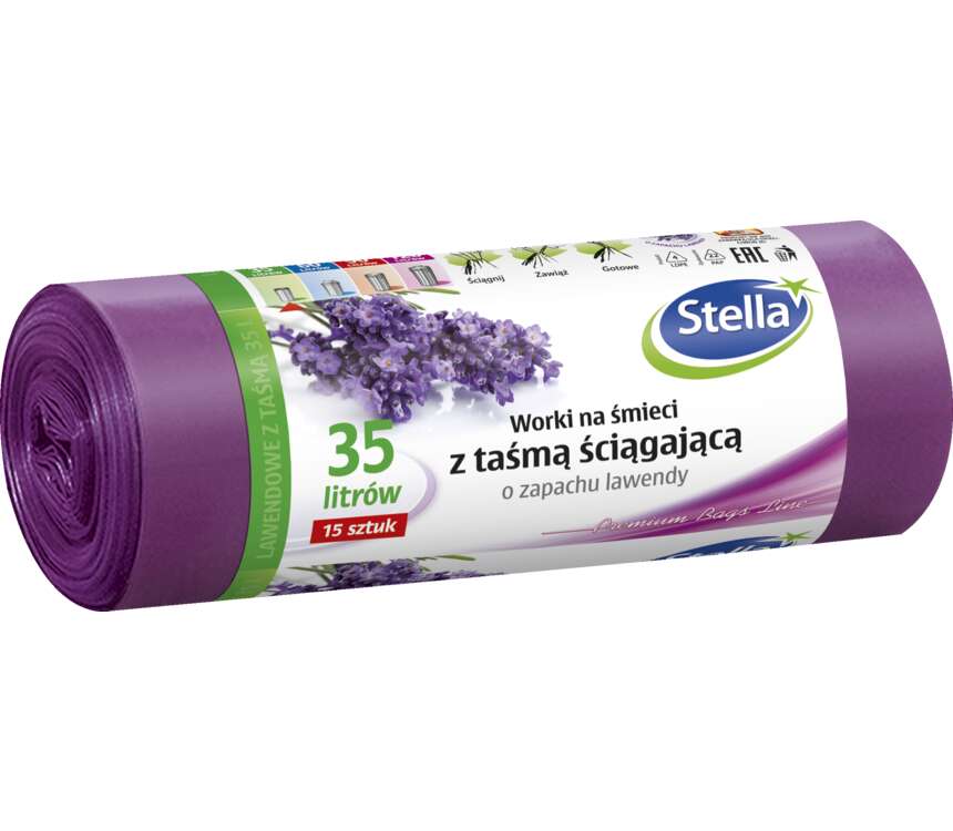 Stella Worki na śmieci LD lawendowe z taśmą ściąg. 35 l 15 szt.