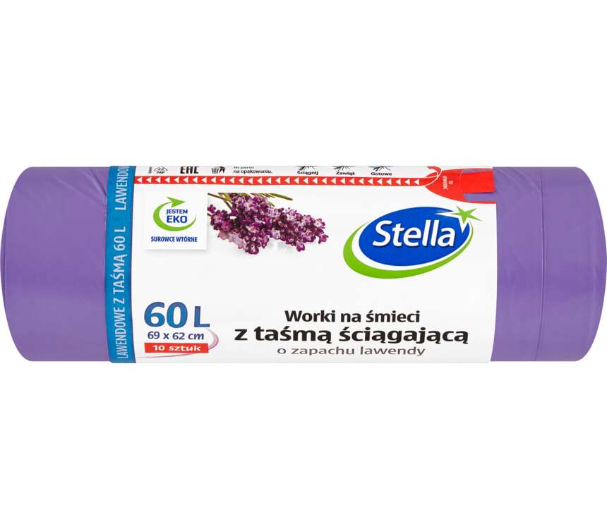 Stella Worki na śmieci LD lawendowe z taśmą ściąg. 60 l 10 sztuk